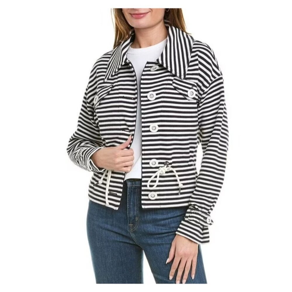 Cabi Harbor Jacket Small Stripes Knit navy‎ White Button-Front Drawstring Waist